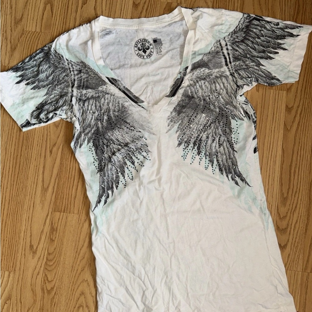 Affliction White V-Neck Tee with Grey Angel Wing Print